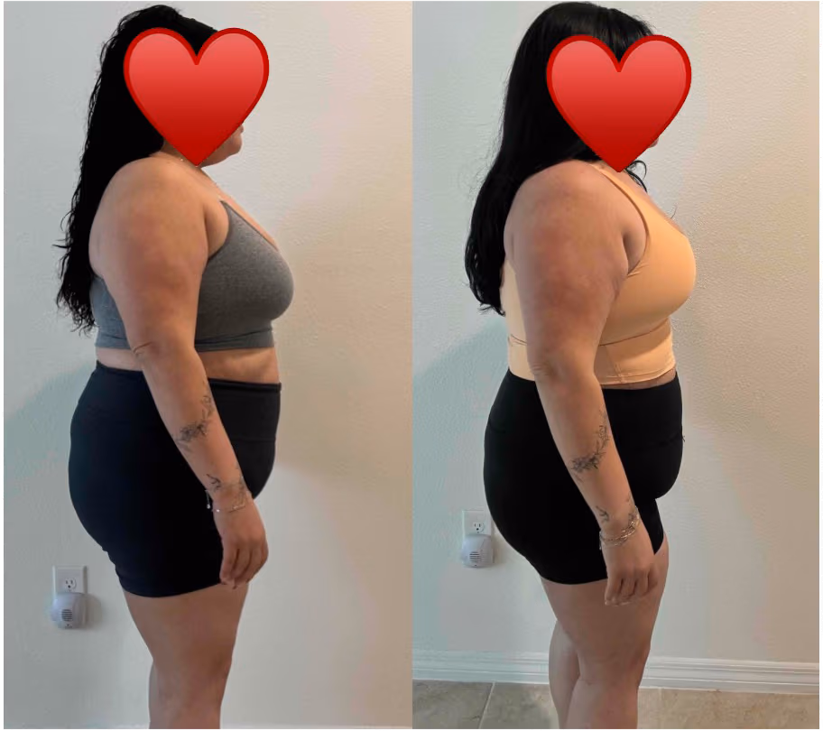 Woman in fitness apparel showing the before and after of her body's right side from a fitness plan