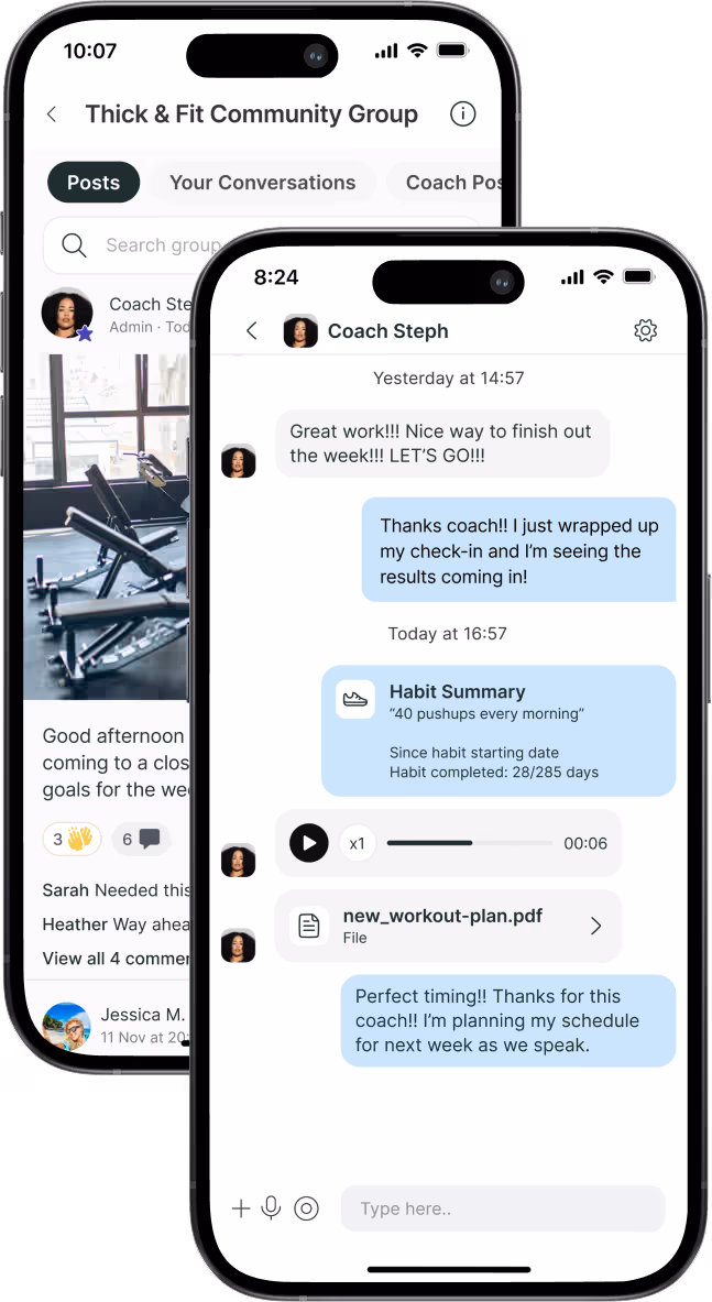 Two mobile devices showing group chat feature and direct message feature from a fitness app