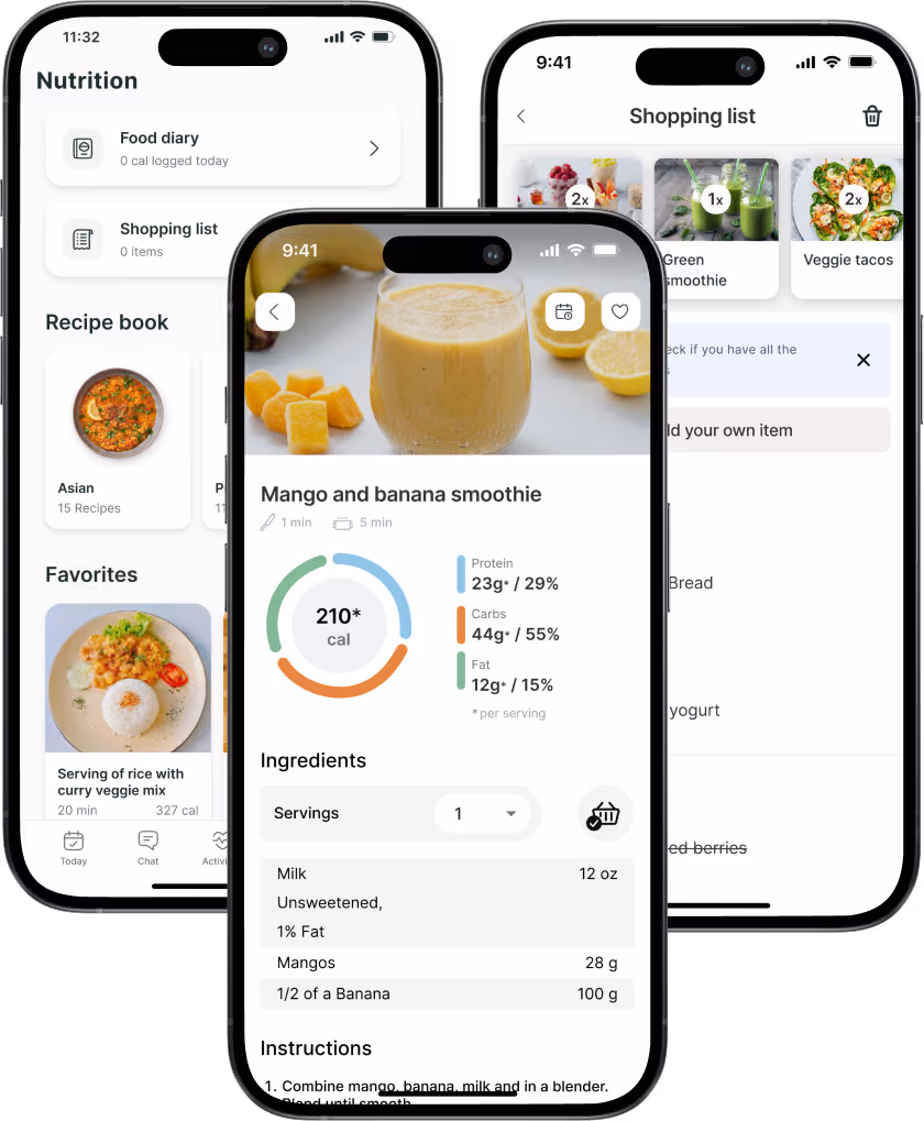 Three mobile devices with nutrition features of a fitness app