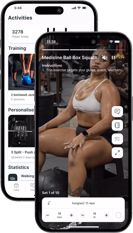 Two mobile devices showing different UI screens of a fitness app's workout features