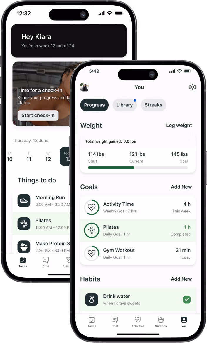 Two mobile devices showing a fitness app's progress tracking features